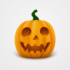 Realistic vector Halloween Pumpkin with scary face. Jack o lantern isolated on transparent background.