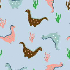 Fototapeta premium Friendly dinosaurs, cactuses in cartoon style seamless pattern