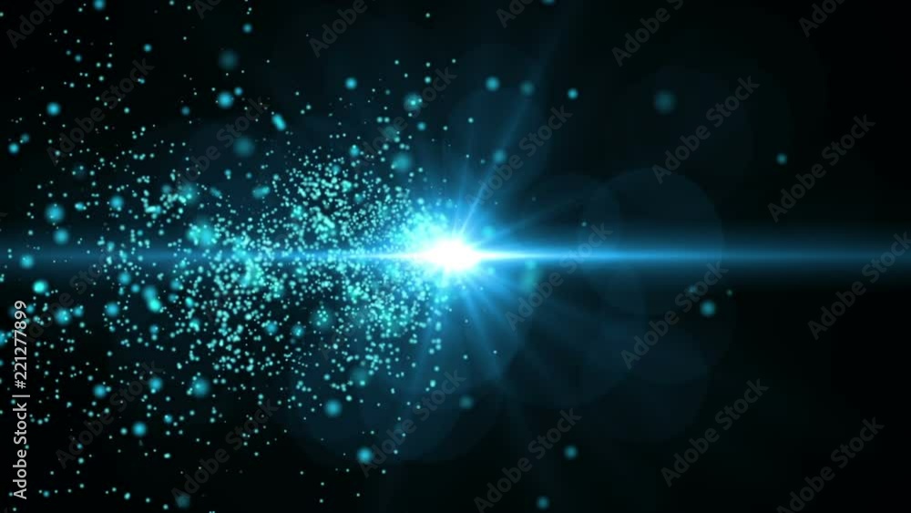 Poster blue flickering light traveling from left to right while emitting particles. abstract technology, sc