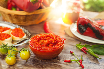 Bowl with ajvar on the table