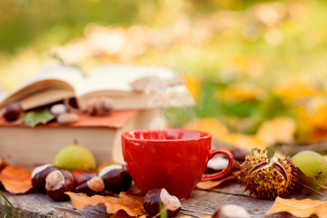 Cup of hot tea on autumn morning