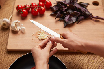 cropped shot of woman cutting garlic for pasta on kitchen table