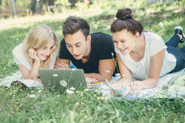 Fototapeta premium Group of multi ethnic students study in a city park . Preparing for exam on a fresh air.