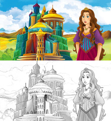 Cartoon scene with princess near some castle - with coloring page - illustration for children