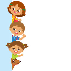 Childhood Is The Safest Period Of Human Life. Smiling Cute Kids Behind Vertical Banner Vector. Group Of Children Vector. School Kids With Blank Banner.