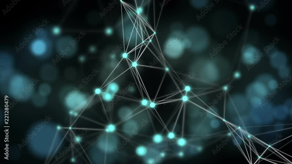 Poster blue abstract motion background: plexus connected lines in organic motion. animated defocused lights