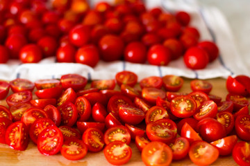 Cherry tomatoes on the kitchen table.
