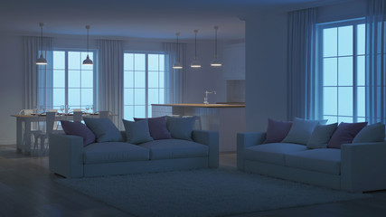 Modern house interior. White interior. Night. Evening lighting. 3D rendering.