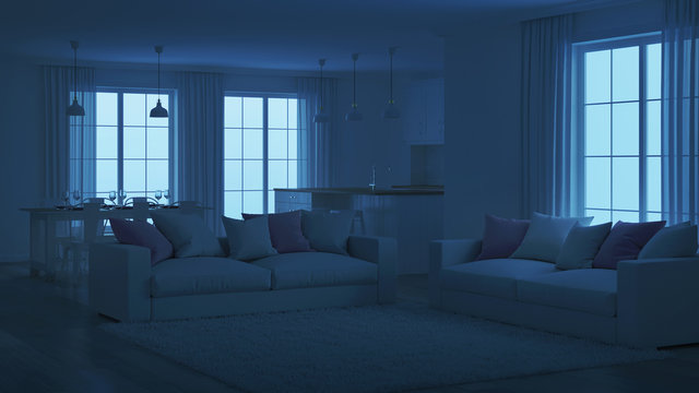 Modern house interior. White interior. Night. Evening lighting. 3D rendering.