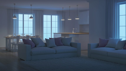 Modern house interior. White interior. Night. Evening lighting. 3D rendering.