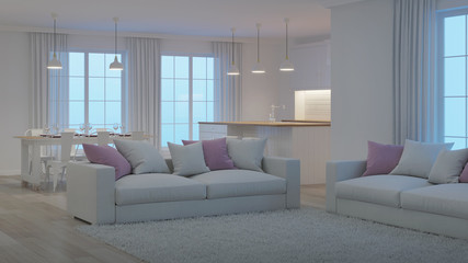 Modern house interior. White interior. Night. Evening lighting. 3D rendering.