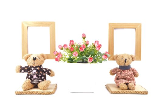 Wooden Picture Frame and Cute Bear On a white background.