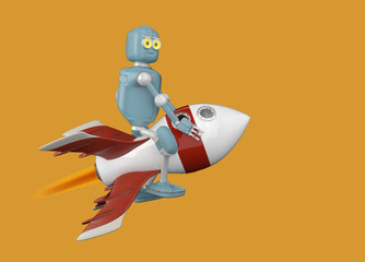 robot on rocket 3d render
