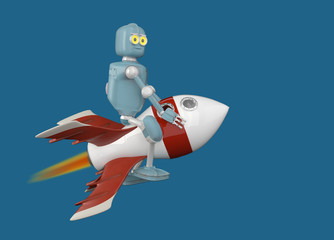 robot on rocket 3d render