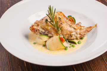 Duck leg with sauce of Zucchini and carrots