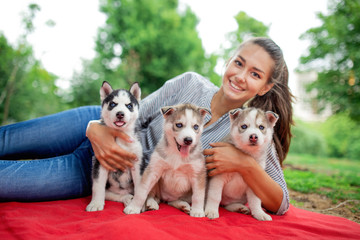 Naklejka na ściany i meble A beautiful smiling woman with a ponytail and wearing a striped shirt is cuddling with three sweet husky puppies while resting on the lawn. Love and care for pets.