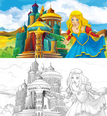 Cartoon scene with princess near some castle - with coloring page - illustration for children