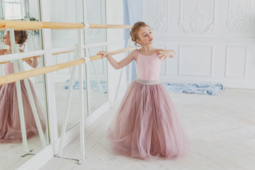 Young classical ballet dancer girl in dance class. Beautiful graceful ballerine practice ballet positions in pink tutu skirt near large mirror in white light hall