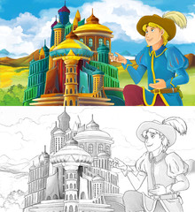 cartoon scene with prince or king traveling near arabian castle - illustration for children
