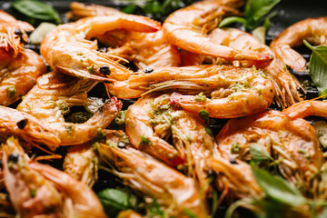 Roasted grilled shrimps on pan