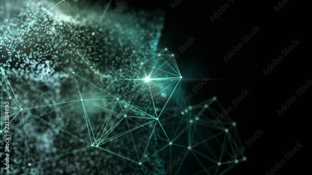 Poster Green abstract technology, engineering and science motion background with turbulent particles and plexus connected lines in organic motion. Flickering light. Depth of field settings. 3d rendering.