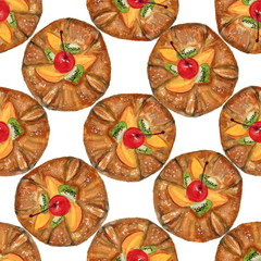 watercolor Bakery seamless pattern. Hand drawn vector illustration Mix fruit Danish Pastry