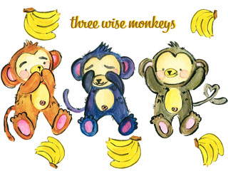 Watercolor Three Wise Monkeys Set and Banana Isolated On Whit