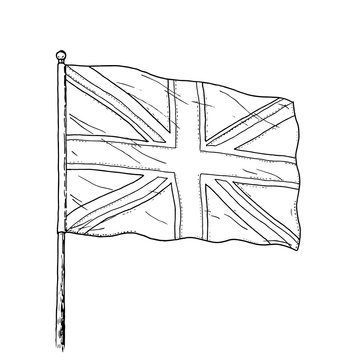 Flag of United Kingdom drawing - vintage like illustration of triple colour flag. Contour on white background.