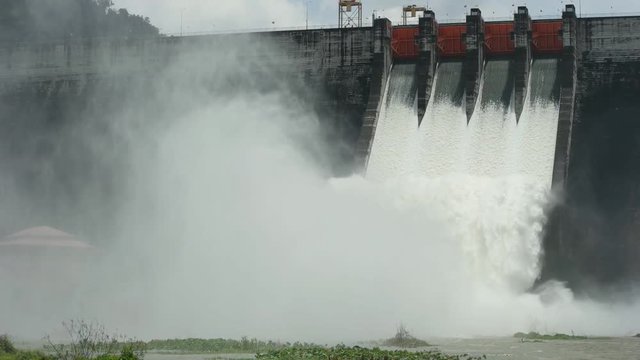The overflow water in these dams goes through spillways into the rivers, In the rainy season at Khun Dan Prakan Chon dam in Nakhon Nayok Province, Thailand.