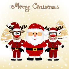 Christmas card. Funny postcard with Christmas reindeers and Sant