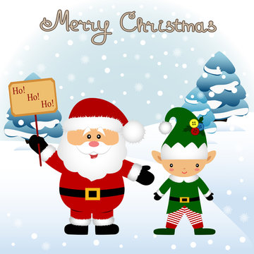 Christmas card. Funny postcard with Christmas Elf and Santa.