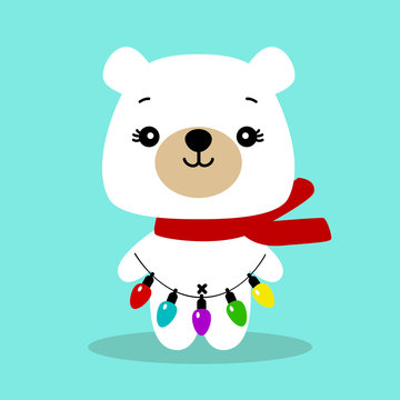 Christmas card. Polar bear. Bear with a garland. 