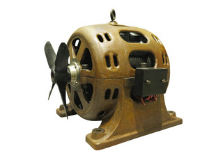 Vintage old industrial equipment powerful electric motor isolated over white