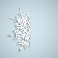 Christmas illustration with white big snowflakes which protrudes from the cut on a light blue background