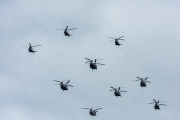 The RAF 100th Anniversary fly pass over London. In this photo can be seen Chinook Helicopters