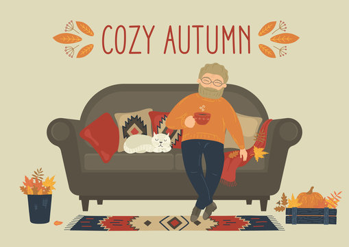 Cozy Autumn. Man Drink Tea Or Coffee On Sofa At Home. Cozy Home. Cat Sleeping On Couch. Original Vector Illustration.