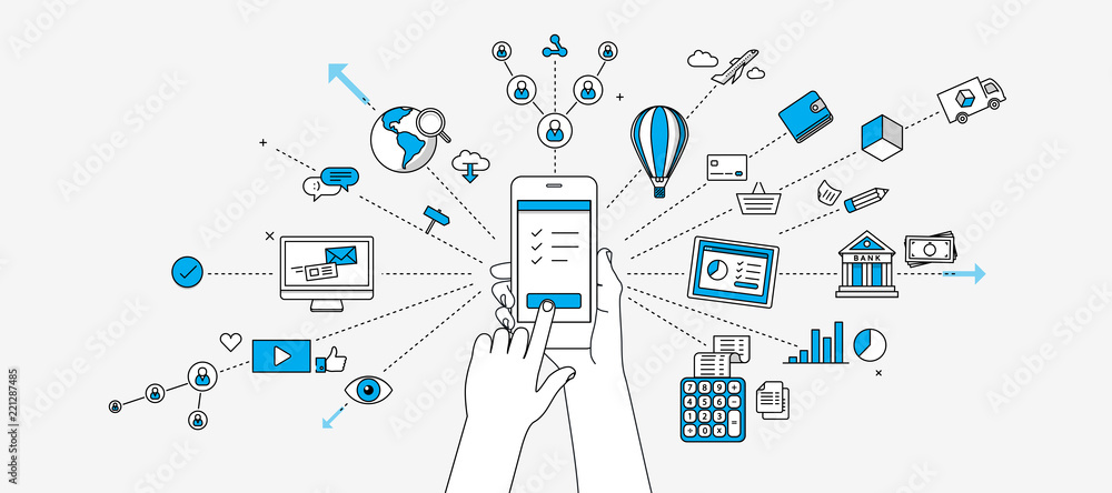 Wall mural connected on mobile device infographics. internet of things concept. modern illustration in linear s