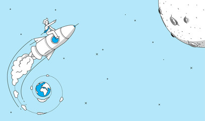 Startup company rocket launch concept. Man flying on rocket to the moon. Modern illustration in linear style. - 221287471