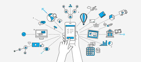 Connected on mobile device infographics. Internet of things concept. Modern illustration in linear style.