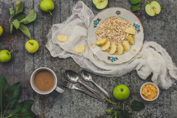 oatmeal for breakfast with fruit - healthy and healthy food. . food background. top view