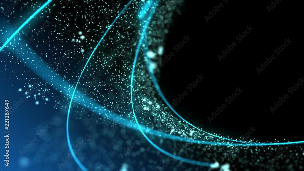 Poster Blue illuminated particles and strings in organic motion. Depth of field settings. 3D rendering.