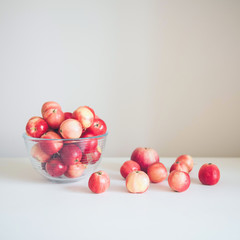 Harvested crop. Ripe red apples on a white table.