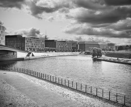 Black and white picture Spree River in downtown Berlin, Germany.