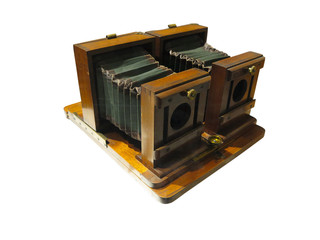 Vintage old twin-lens stereo retro camera isolated on white background