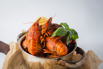 Cauldron with boiled crawfishes, green and lemon packed with craft paper