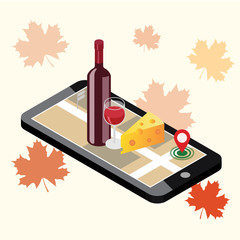 Isometric food delivering. Looking for bar or dinner. Mobile searching. Bar or wine shop. Geo tracking. Map