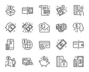 Money line icons. Set of Update credit card, Contactless pay and Piggy bank linear icons. Online payment, Dollar exchange and Fast money send symbols. Private pay, Blocked credit card. Vector