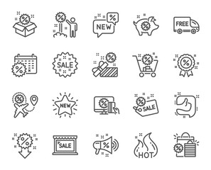 Discount line icons. Set of Shopping, Sale and New linear icons. Free delivery, Flight sale and Black friday discount symbols. Hot offer, Airplane and new store. Online shopping. Clearance. Vector