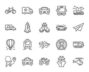 Naklejka premium Transport line icons. Set of Taxi, Helicopter and Train linear icons. Truck, Underground metro or Tram and Air balloon transport symbols. Bike, Airport plane and Ship. Bus, Paper airplane. Vector