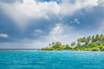 Fototapeta na wymiar Panorama of tropical island with coconut palm trees on sandy beach. Maldives, Indian Ocean.